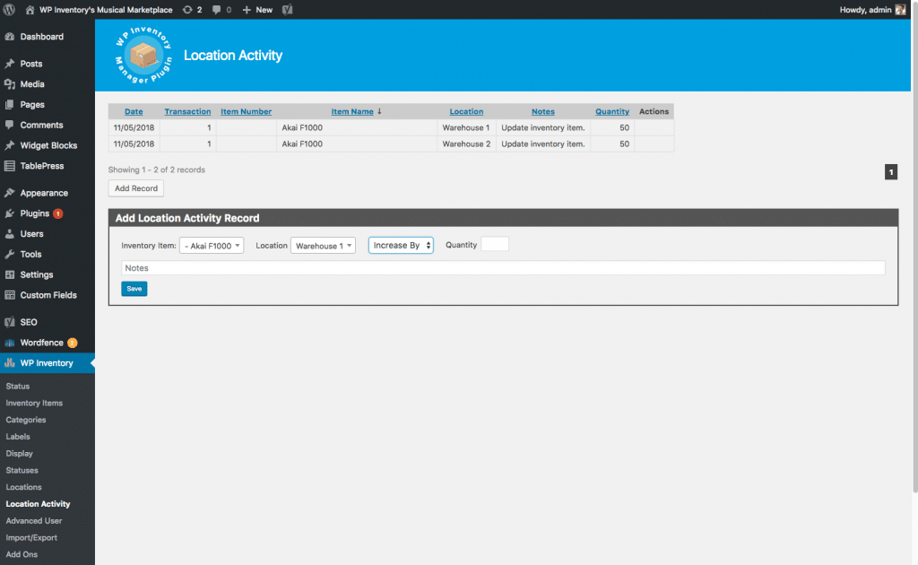 Locations Manager Activity Log