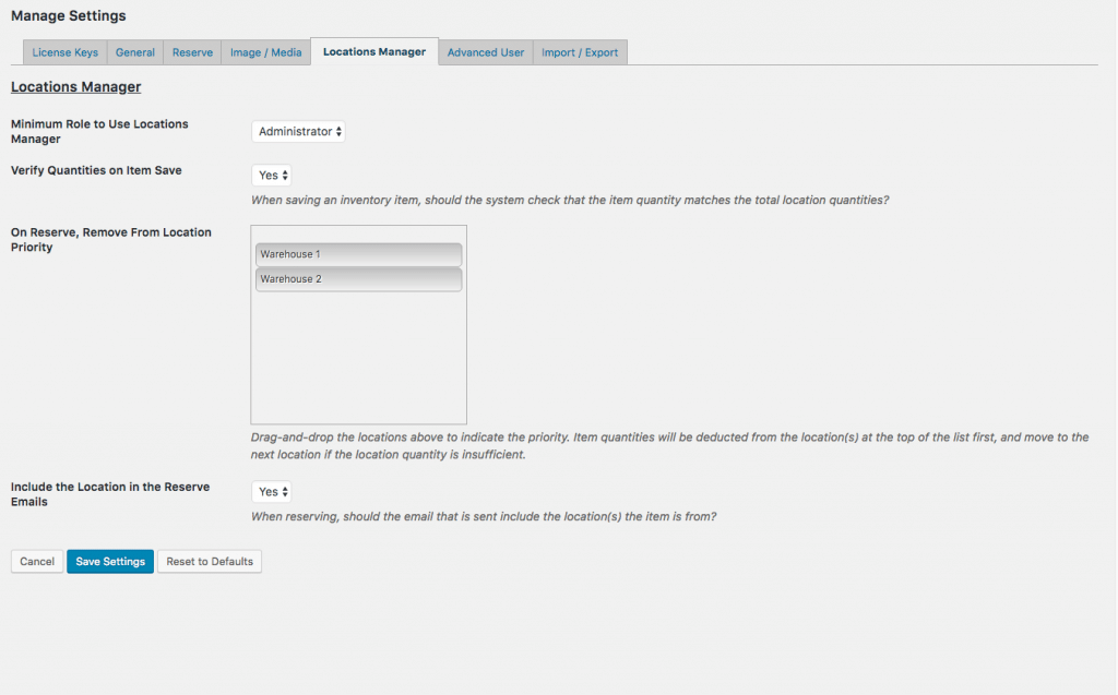 Locations Manager Settings