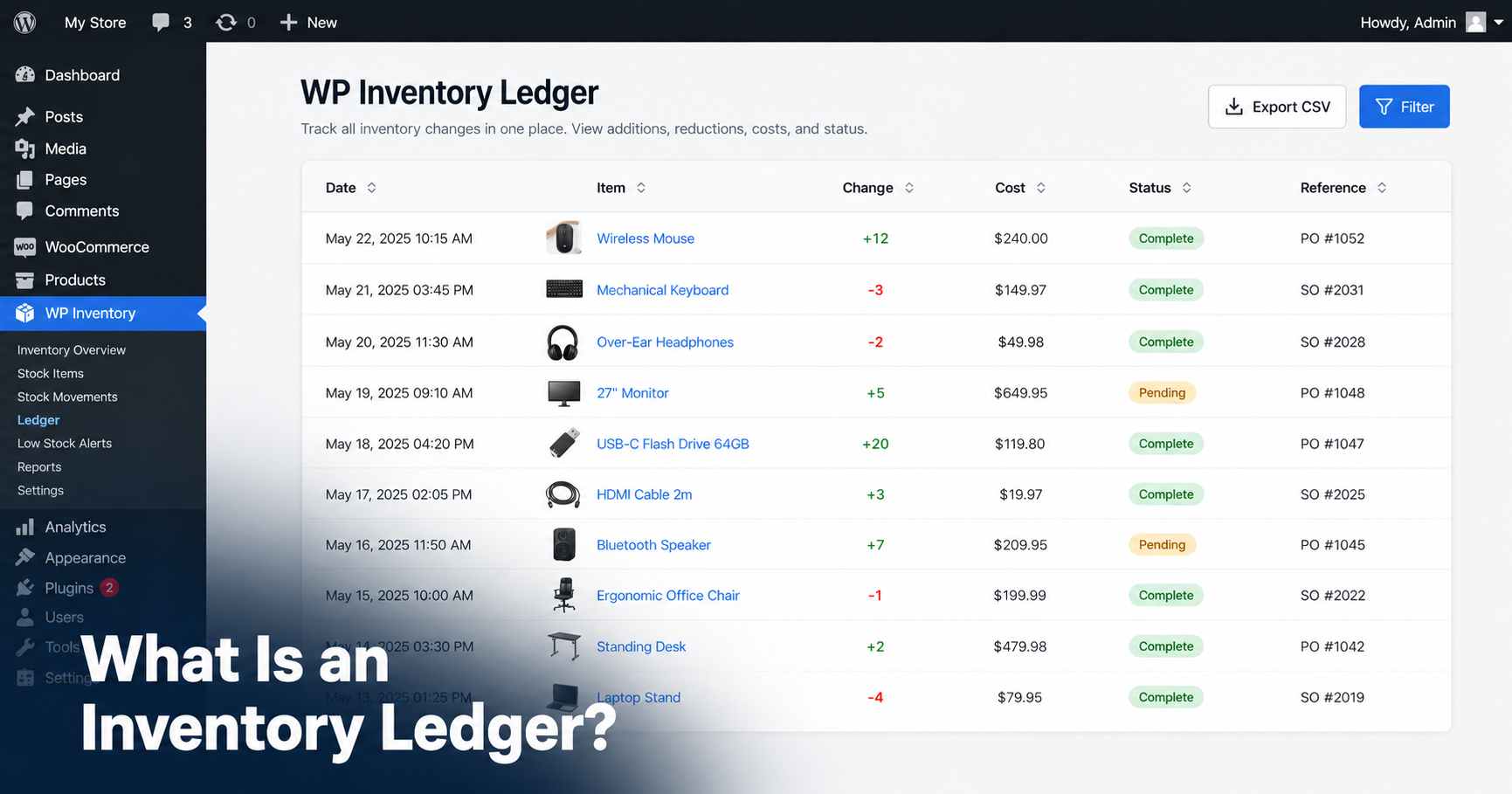 Inventory ledger in WordPress showing stock history entries in WP Inventory Manager