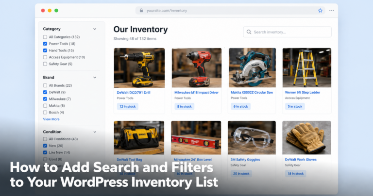 WordPress inventory list with search bar and filters for category, brand and condition