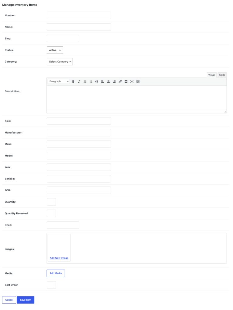 The Add Inventory Item form, with fields for number, name, status, category, description, price, images and media