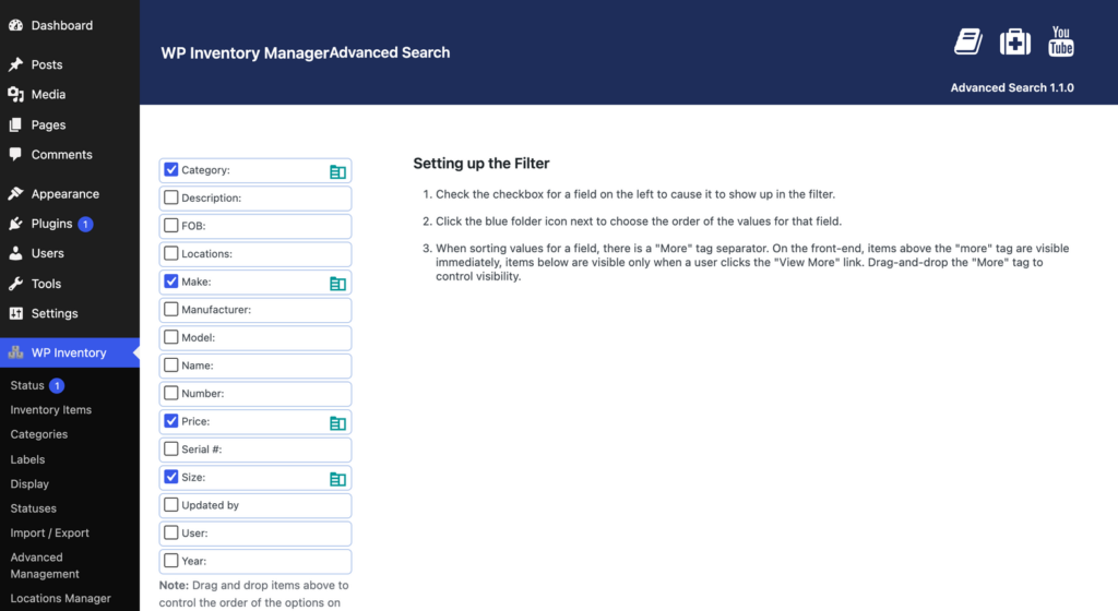 The Advanced Search admin screen, with checkboxes selecting which inventory fields appear in the front-end filter