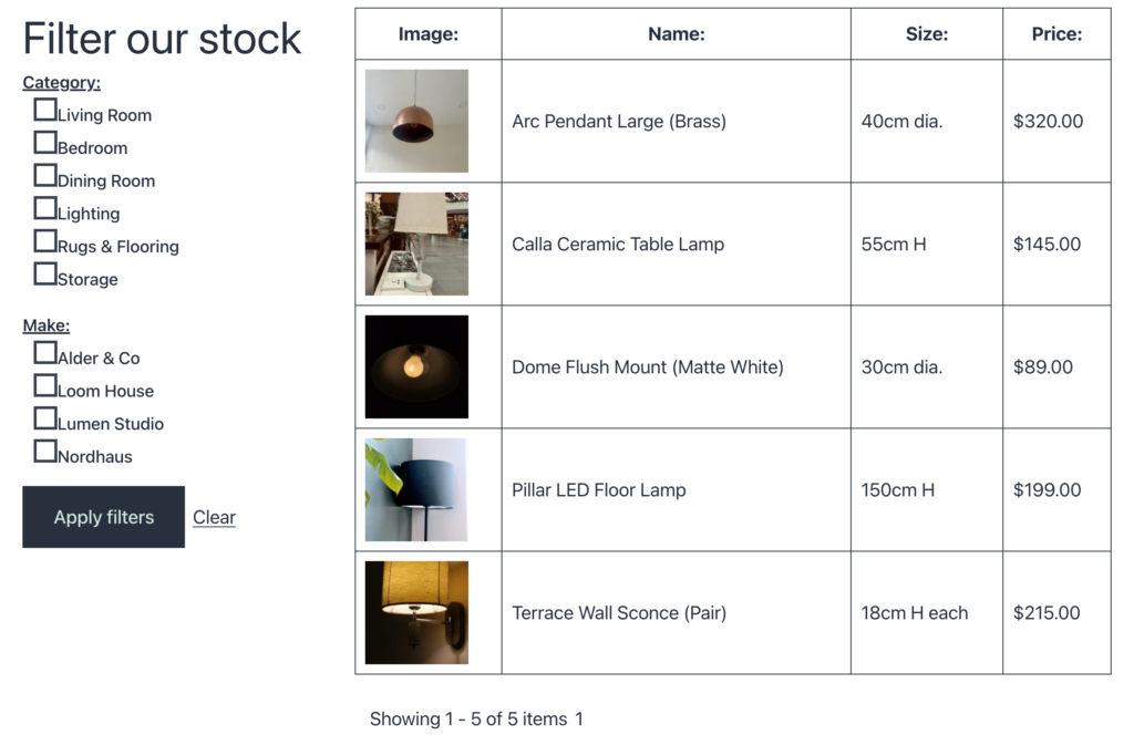Inventory search filters for Category and Make beside the inventory listing on the front end