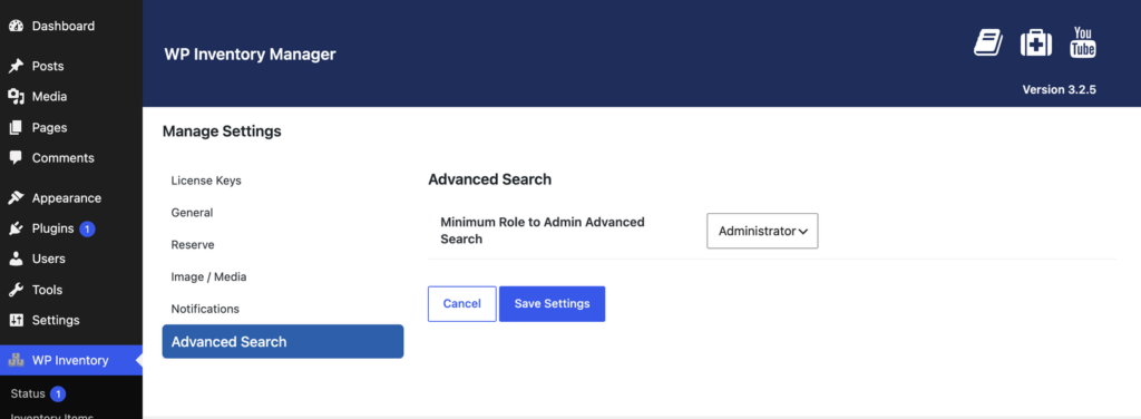 The Advanced Search tab in WP Inventory Settings, showing the minimum role required to administer the filter