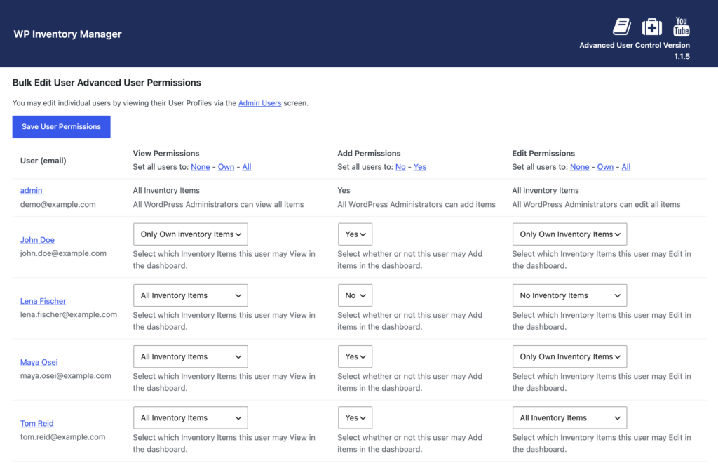The Advanced User Control screen, setting view, add and edit permissions for each individual user