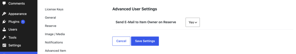 The Advanced User Settings section, with the option to email the item owner when an item is reserved