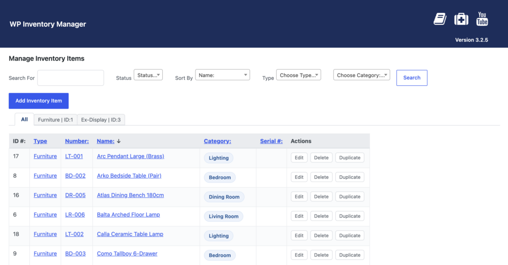 The Manage Inventory Items listing with a tab for each inventory type, a Type filter and a Type column