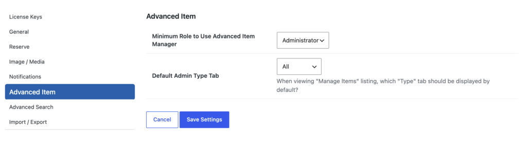 The Advanced Item settings section, with the minimum role and default admin type tab options