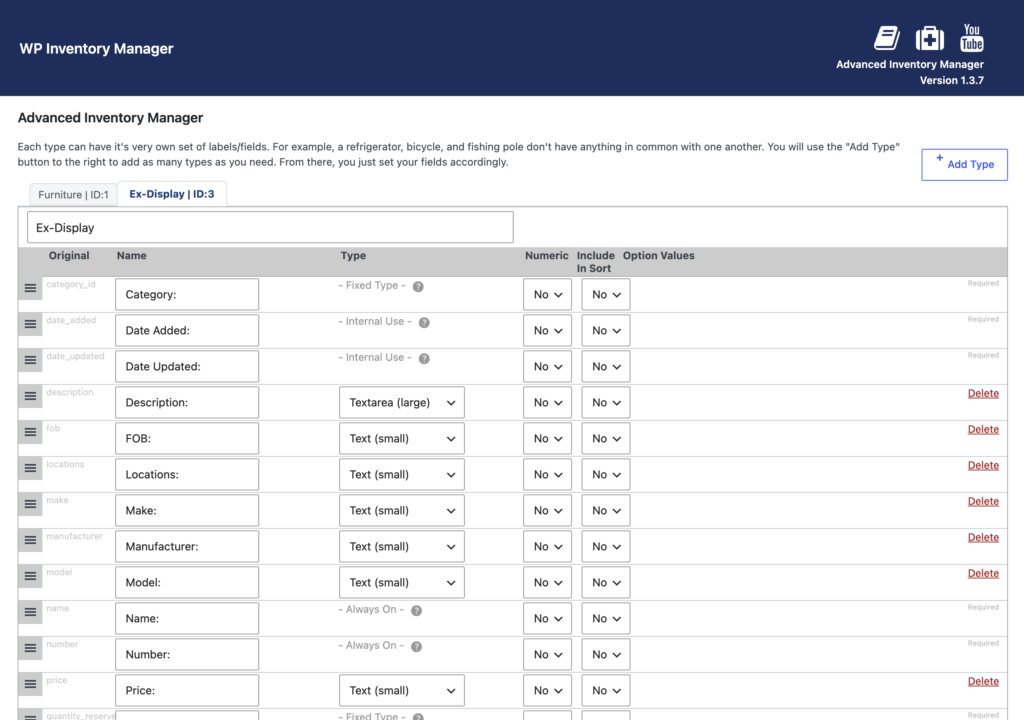Custom inventory fields for each inventory type in the Advanced Inventory Manager type editor