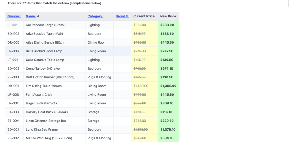The bulk update preview, listing the matching items with the current price struck through and the new price beside it