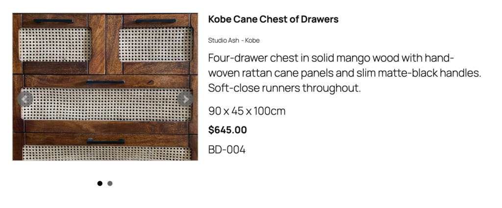 An item detail page on the front end: image slideshow on the left, name, make and model, description, size, price and number on the right, without labels