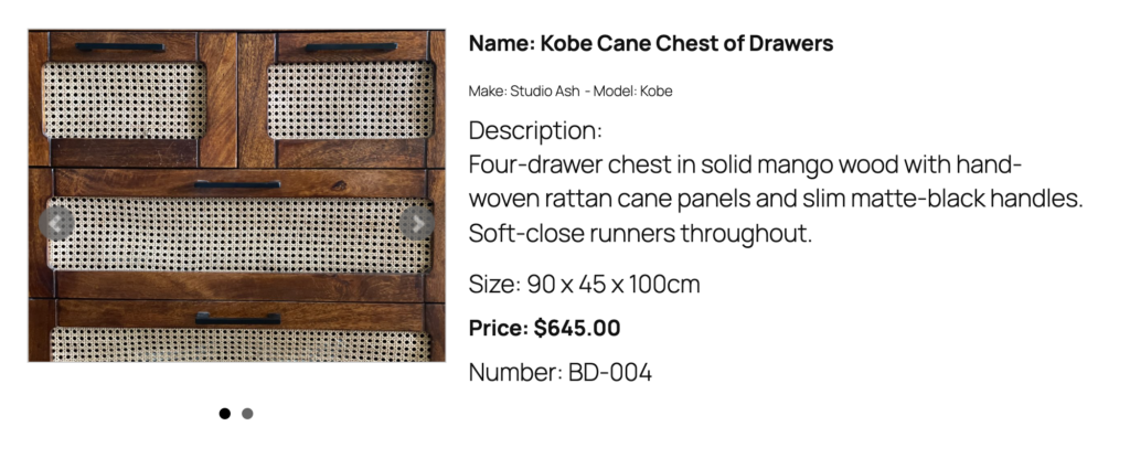 The same item detail page with Show Labels on Detail turned on, so each field is prefixed with its label