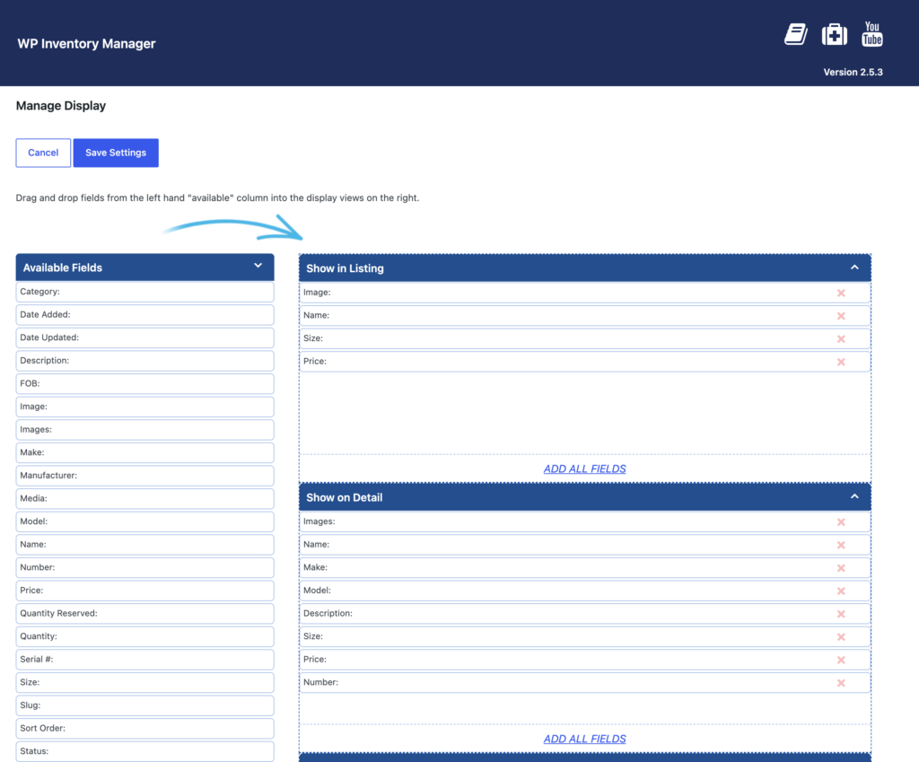 The Manage Display screen with Images first in the Show on Detail list, followed by Name, Make and Model