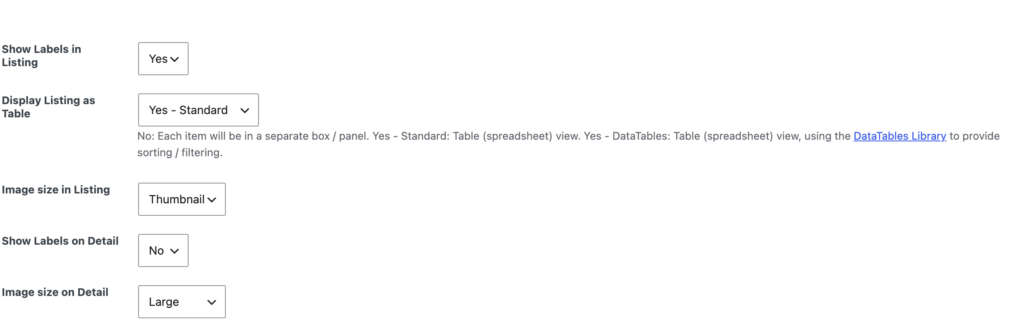 Display settings below the drag-and-drop views, controlling label visibility, table layout and image sizes