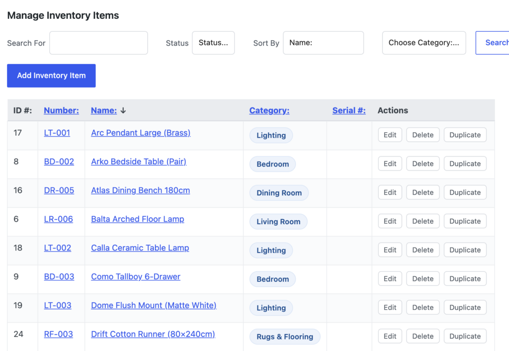 The Manage Inventory Items screen, showing the search filters, the Add Inventory Item button and the list of items