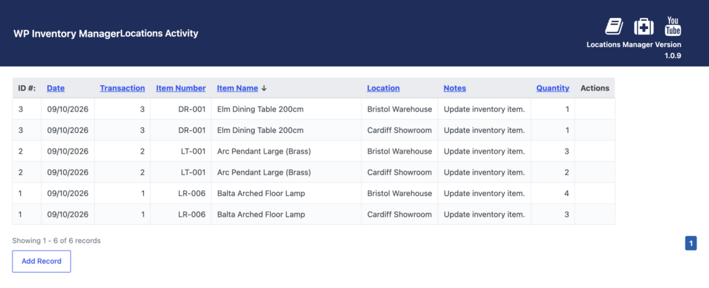 The Locations Activity log, listing each quantity change by item, location and date