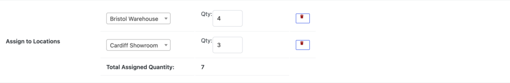 The Assign to Locations field on an inventory item, splitting the quantity between two locations
