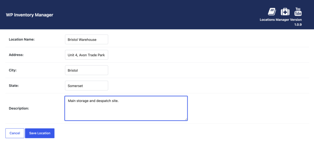 The Add New Location form, with name, address, city, state and description fields