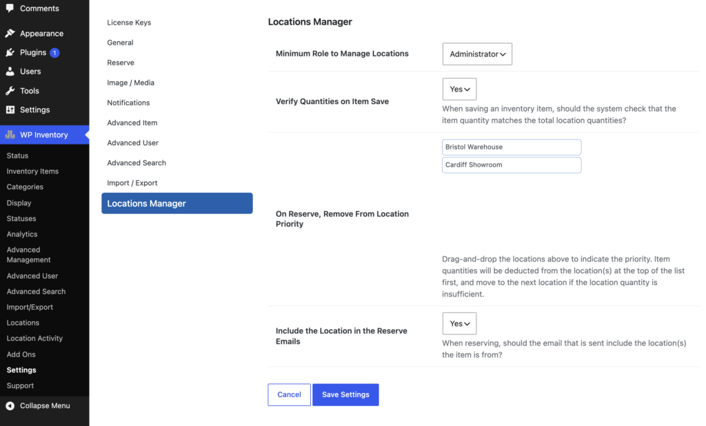 The Locations Manager settings section, with the minimum role, quantity verification and reserve priority options