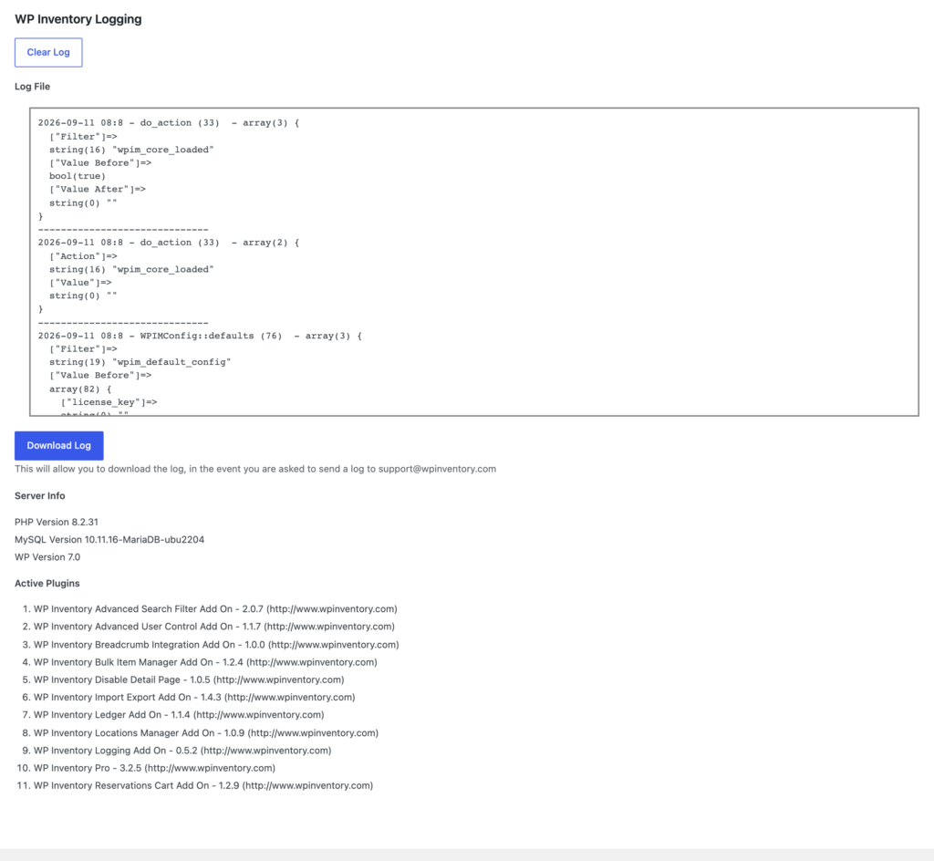 The Logging screen, showing the debug log with Clear Log and Download Log buttons and the server information
