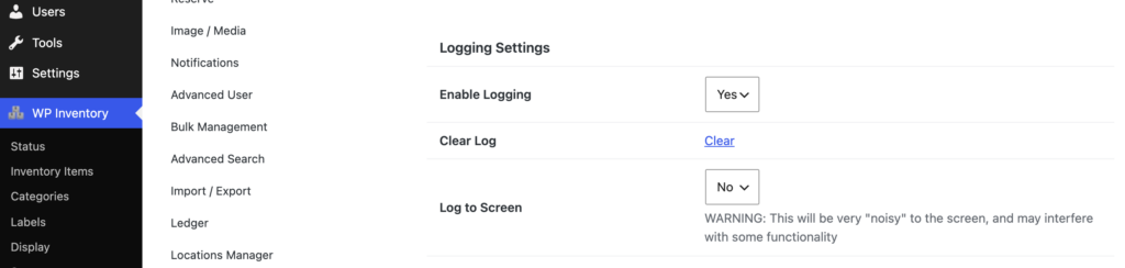 The Logging Settings section under General, with Enable Logging set to Yes and Log to Screen left off