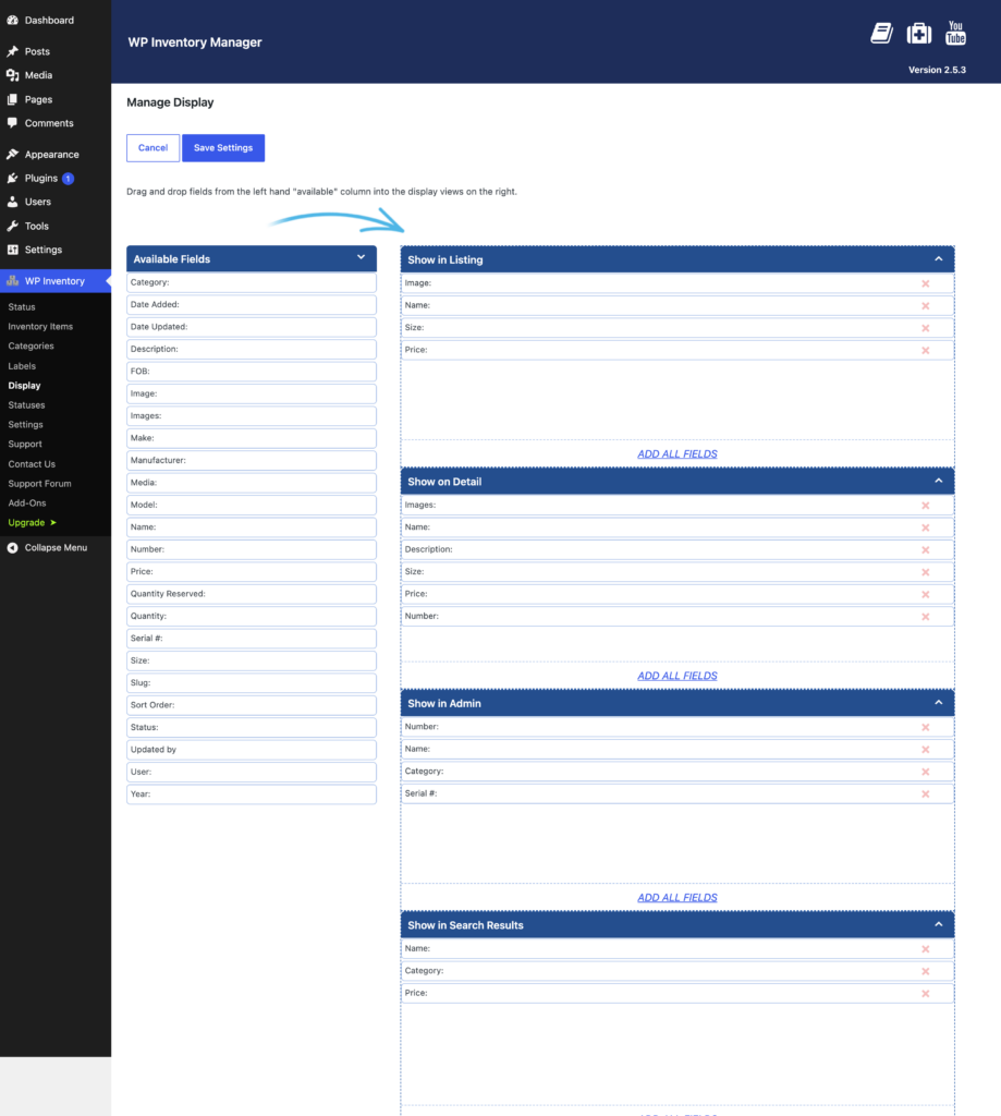 The Manage Display screen, with available fields on the left and the Listing, Detail, Admin and Search Results views on the right