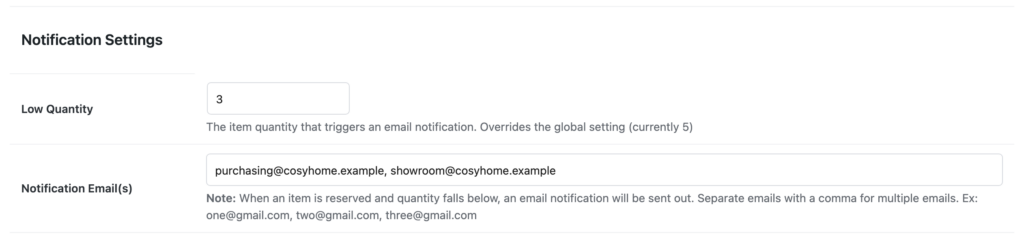 Per-item low stock alerts on the item edit page: a low quantity of 3 and two notification email addresses