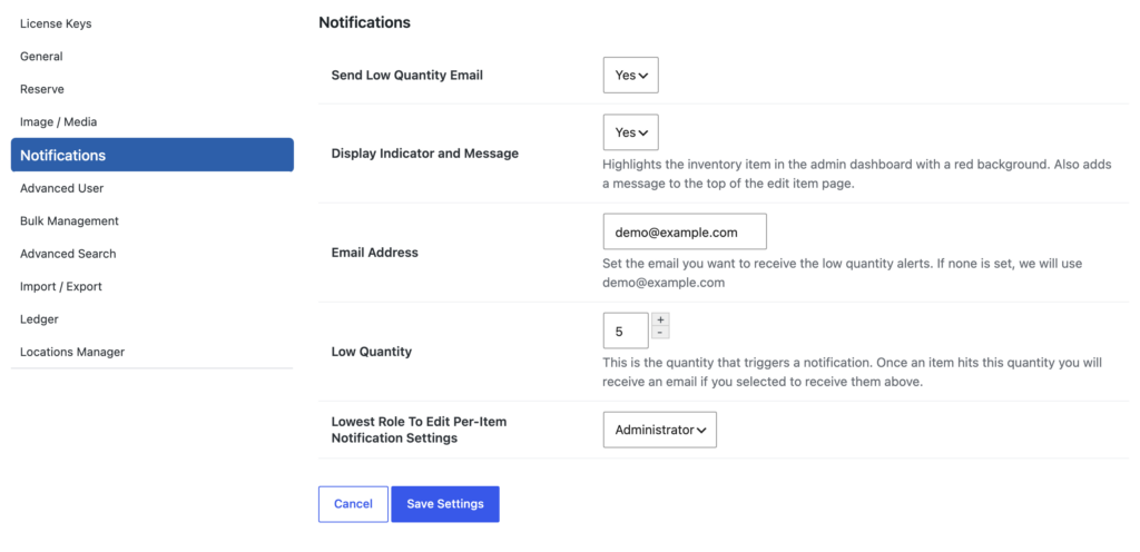 The Notifications tab in WP Inventory Settings, with the global low quantity email options and the lowest role allowed to edit per-item notification settings