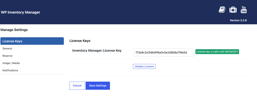 The License Keys tab in WP Inventory Settings with a WP Inventory Pro license key entered and validated