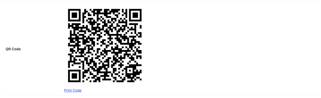 The QR Code section on an inventory item's edit page, with the code and a Print Code link