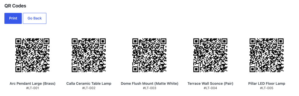 A sheet of five inventory QR code labels, each with the item name and number underneath, ready to print