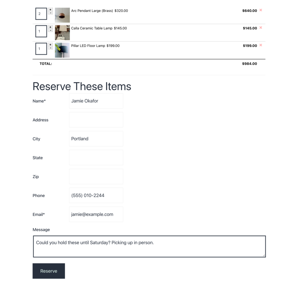 The multi-item reservation cart checkout page, with three items, quantities, a running total and the reservation form