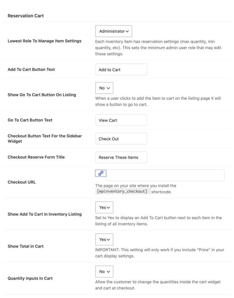 The Reservation Cart settings section under the Reserve tab, with button text, checkout URL and cart display options