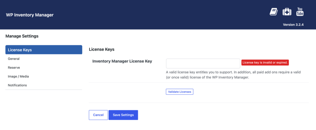 The WP Inventory Settings page with the License Keys tab selected, showing the Inventory Manager License Key field