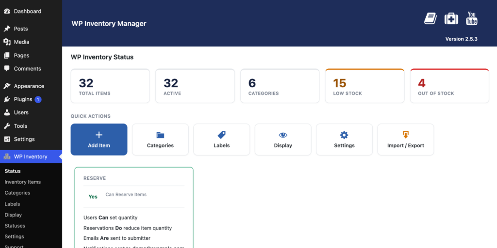 The WP Inventory Status dashboard showing item totals, low stock and out of stock counts, and quick actions